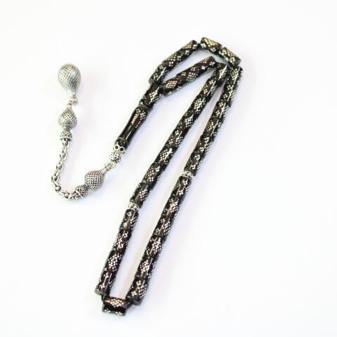 Dörtlü Baklava İşlemeli Kesme Oltu Taşı Tespih 5,5*8,5 (mm)