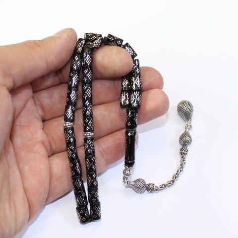 Dörtlü Baklava İşlemeli Kesme Oltu Taşı Tespih 5,5*8,5 (mm)