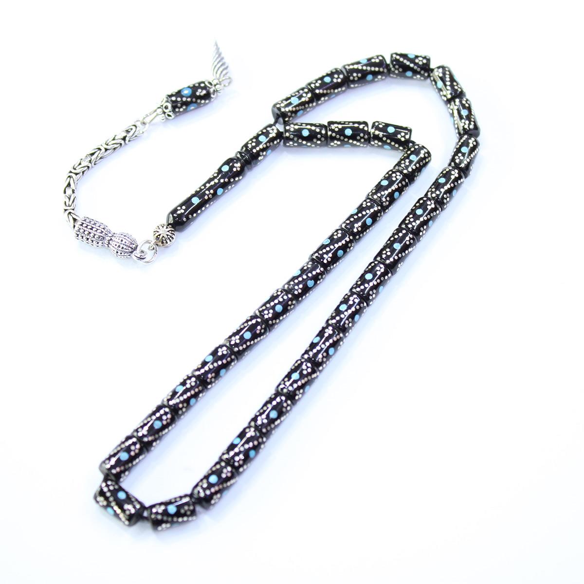 Firuze Burgu İşlemeli Kesme Oltu Taşı Tespih 5,5*9 (mm)