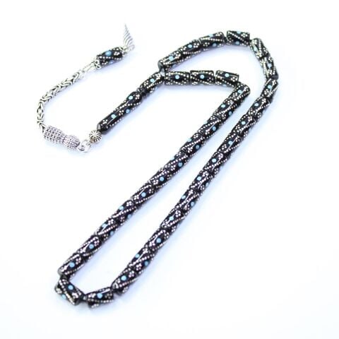 Firuze Burgu İşlemeli Kesme Oltu Taşı Tespih 5,5*9 (mm)