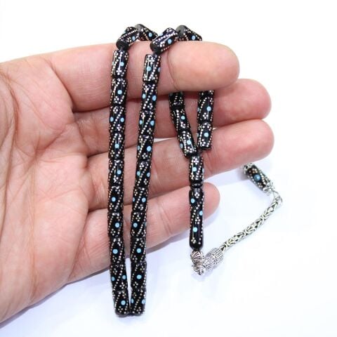 Firuze Burgu İşlemeli Kesme Oltu Taşı Tespih 5,5*9 (mm)