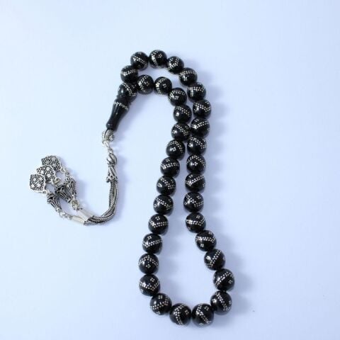 Gümüş İşlemeli Oltu Taşı Tespih Küre Kesim 10 (mm)