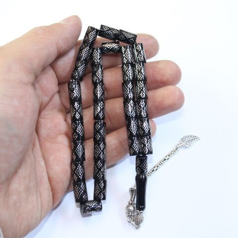 25 li Baklava İşlemeli Kesme Oltu Taşı Tespih 6,5*10 (mm)