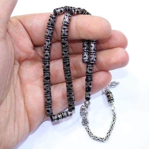 Çiftli Sonsuzluk İşlemeli Kesme Oltu Taşı Tespih 5*8 (mm)