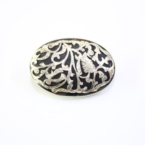 El Yapımı Gül Motifli Oltu Taşı Broş Oval