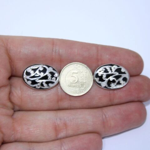 El Yapımı Gümüş & Oltu Taşı Güllü Kol Düğmesi Oval