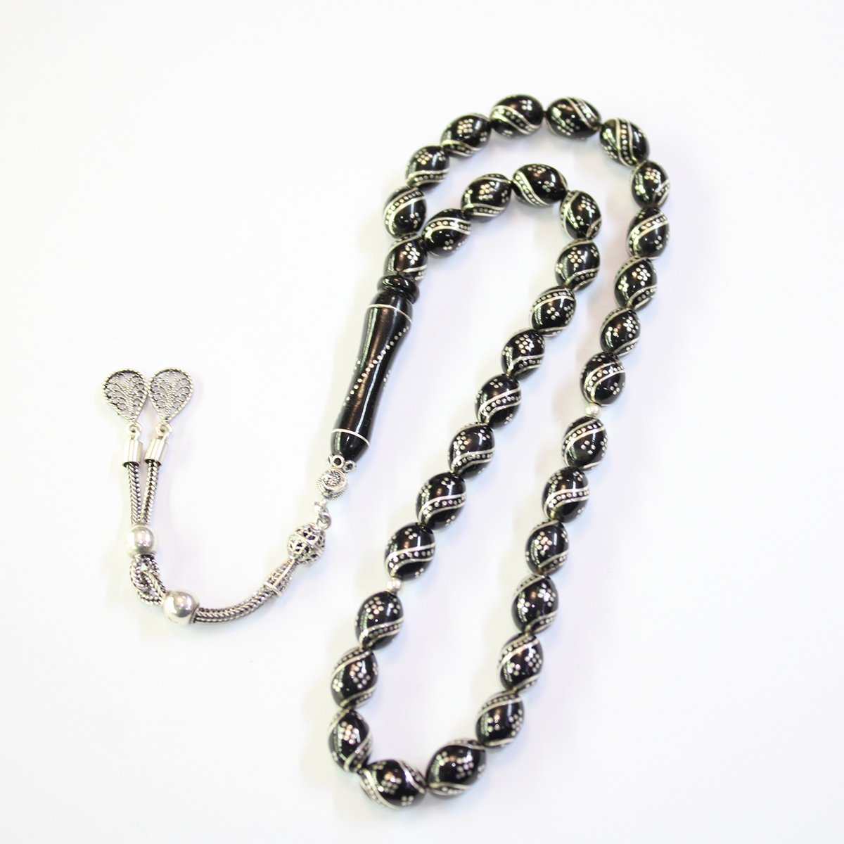 4 lü Çeşm-i Bülbül Baklava İşlemeli Oltu Taşı Tespih 7.5*10.5 (mm)