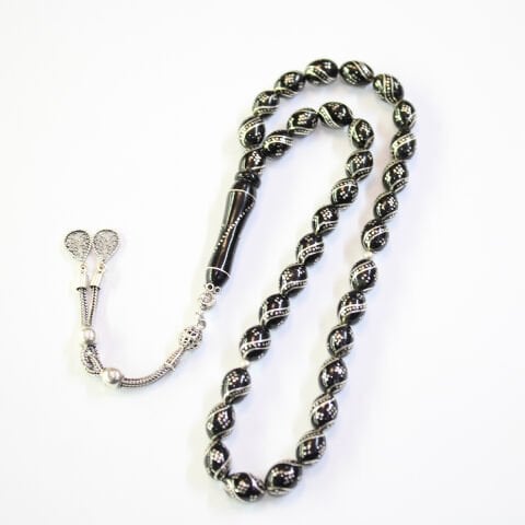 4 lü Çeşm-i Bülbül Baklava İşlemeli Oltu Taşı Tespih 7.5*10.5 (mm)