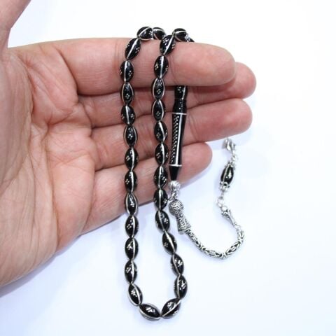 4 lü  Kapruz İşlemeli Oltu Taşı Tespih 6*9 (mm)