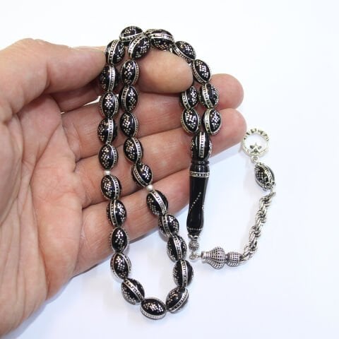 6 lı Kapruz Piramid İşlemeli Oltu Taşı Tespih 8*10 (mm)