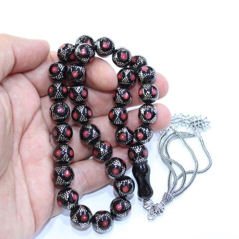 Çember Piramid Mercan İşlemeli Oltu Taşı Tespih 11 (mm)