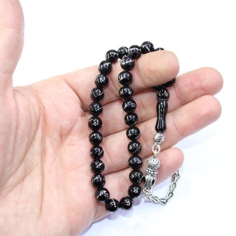 Burgu Dörtlü İşlemeli Oltu Taşı Tespih 8 (mm)