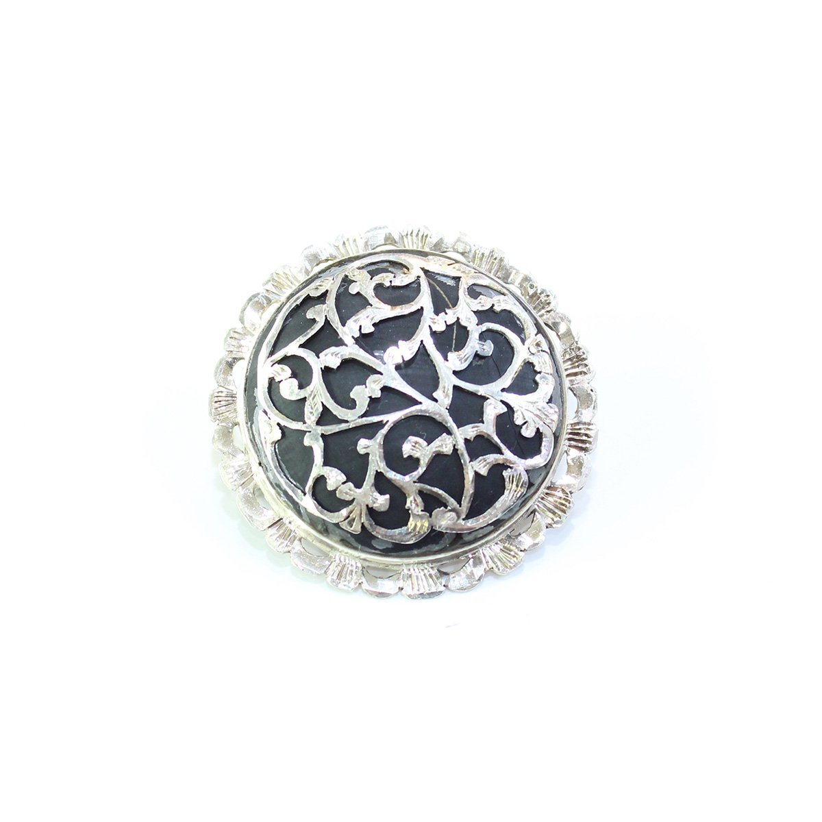El Yapımı Gül & Ajur Motifli Oltu Taşı Broş Daire
