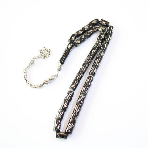 Çift Sıra Baklava İşlemeli Kesme Oltu Taşı Tespih 6,5*10,5 (mm)