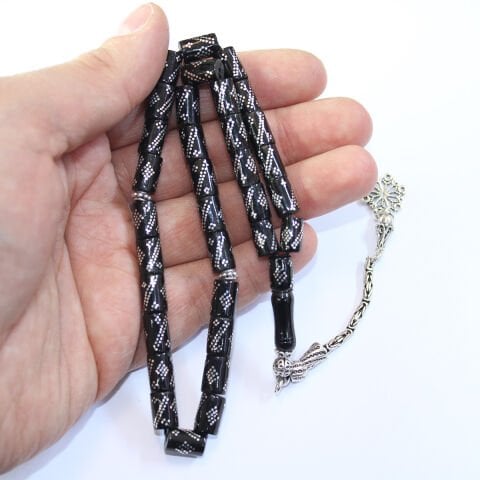 Çift Sıra Baklava İşlemeli Kesme Oltu Taşı Tespih 6,5*10,5 (mm)