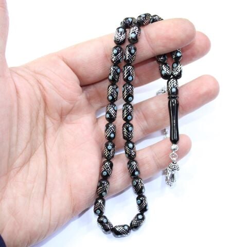 Üçlü V Firuze İşleme Oltu Taşı Tespih 6*10 (mm)