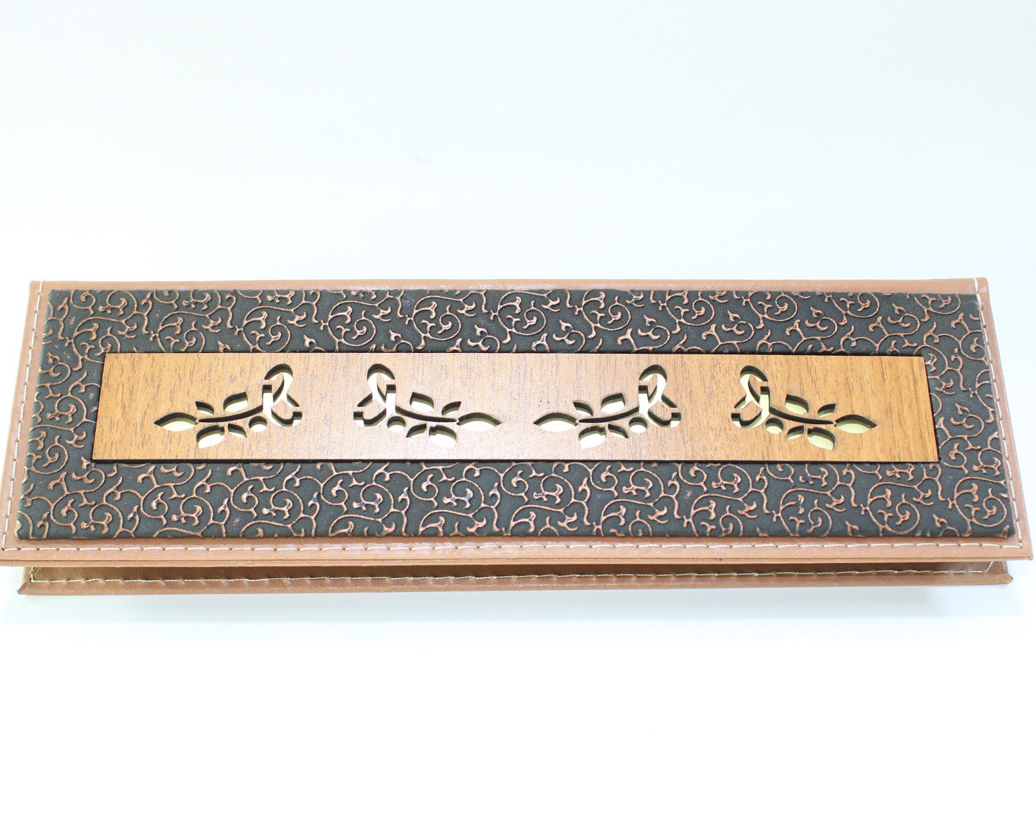 Kahve Yaldızlı Deri & Ahşap Tespih Kutusu