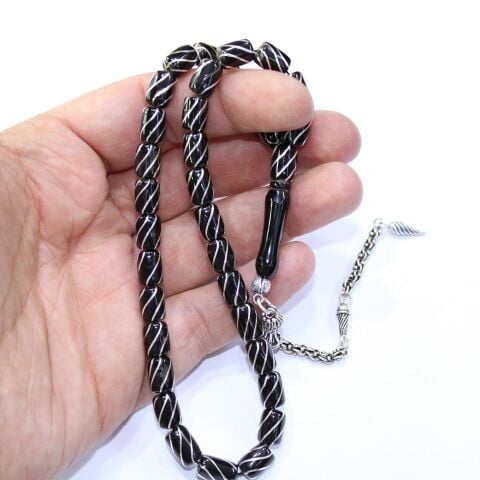 Çeşm-i Bülbül İşlemeli Kapsül Oltu Taşı Tespih 6,5*9 (mm)