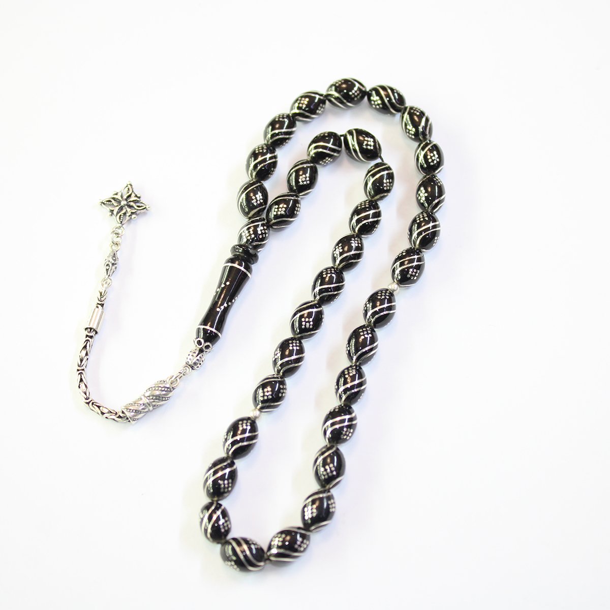 4 lü Çeşm-i Bülbül Baklava İşlemeli Oltu Taşı Tespih 7,5*10,5 (mm)