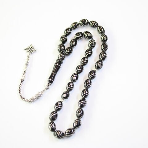 4 lü Çeşm-i Bülbül Baklava İşlemeli Oltu Taşı Tespih 7,5*10,5 (mm)