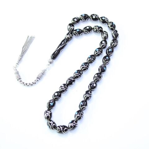 Çeşm-i Bülbül Sedef İşlemeli Oltu Taşı Tespih 7*10 (mm)