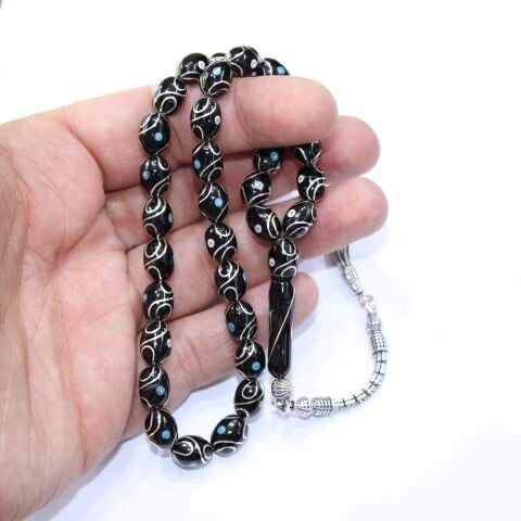 Çeşm-i Bülbül Sedef İşlemeli Oltu Taşı Tespih 7*10 (mm)