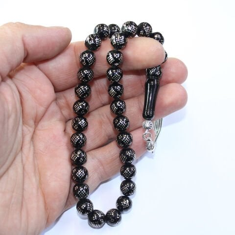 16 lı Baklava İşlemeli Oltu Taşı Tespih 8,5 (mm)