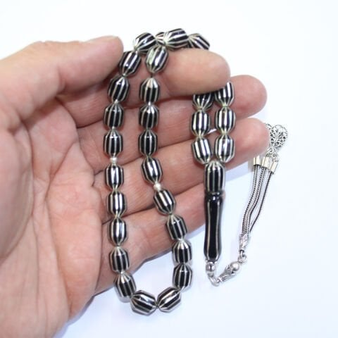 12 li Karpuz İşlemeli Oltu Taşı Tespih 7,5*10 (mm)