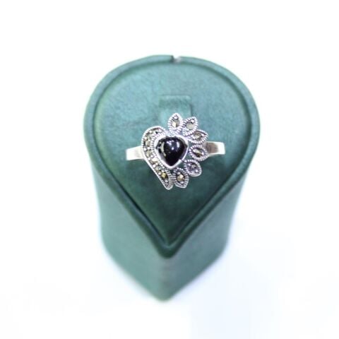 Oltu Taşı Markazit Çiçek Kalp Motifli Yüzük 4 (gr)