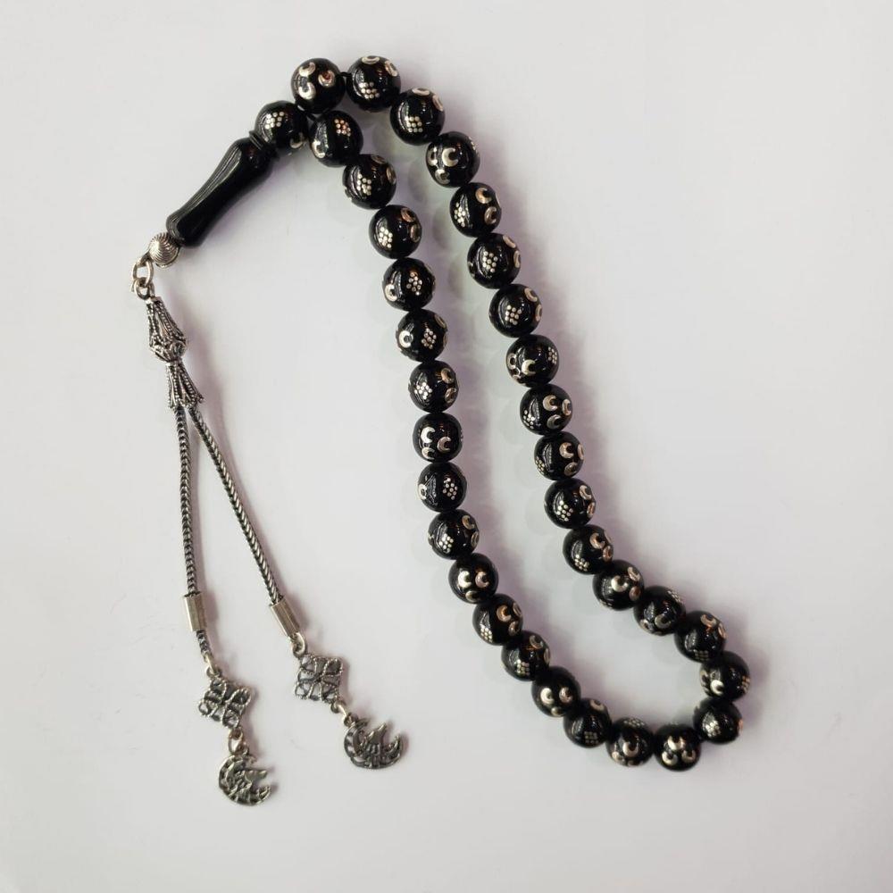 Üç Hilal İşlemeli Oltu Taşı Tespih 9,5 (mm)