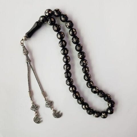 Üç Hilal İşlemeli Oltu Taşı Tespih 9,5 (mm)