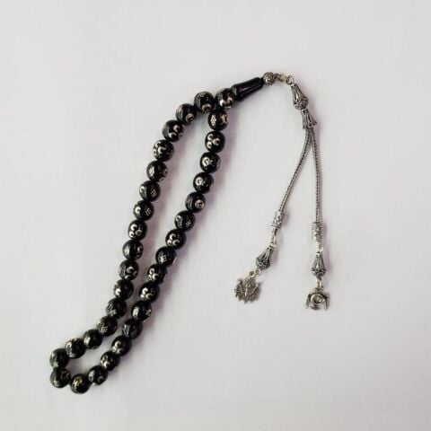 Üç Hilal & Ay Yıldız İşlemeli Oltu Taşı Tespih 9 (mm)