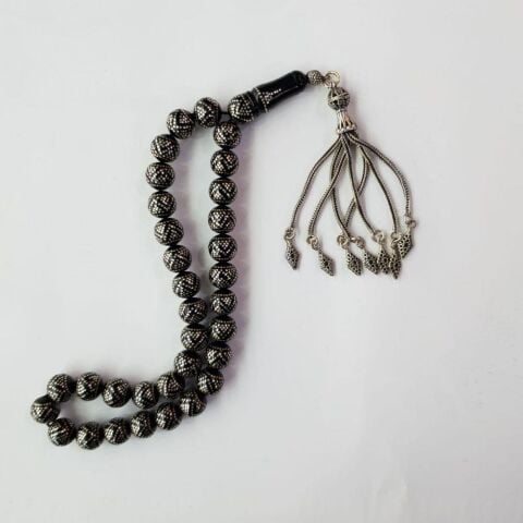 Gümüş Piramit İşlemeli Oltu Taşı Tespih Küre Kesim 9,5 (mm)