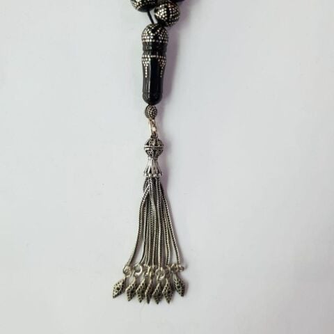 Gümüş Piramit İşlemeli Oltu Taşı Tespih Küre Kesim 9,5 (mm)