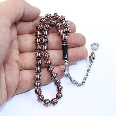 12 li Karpuz & Mercan İşlemeli Oltu Taşı Tespih 7 (mm)