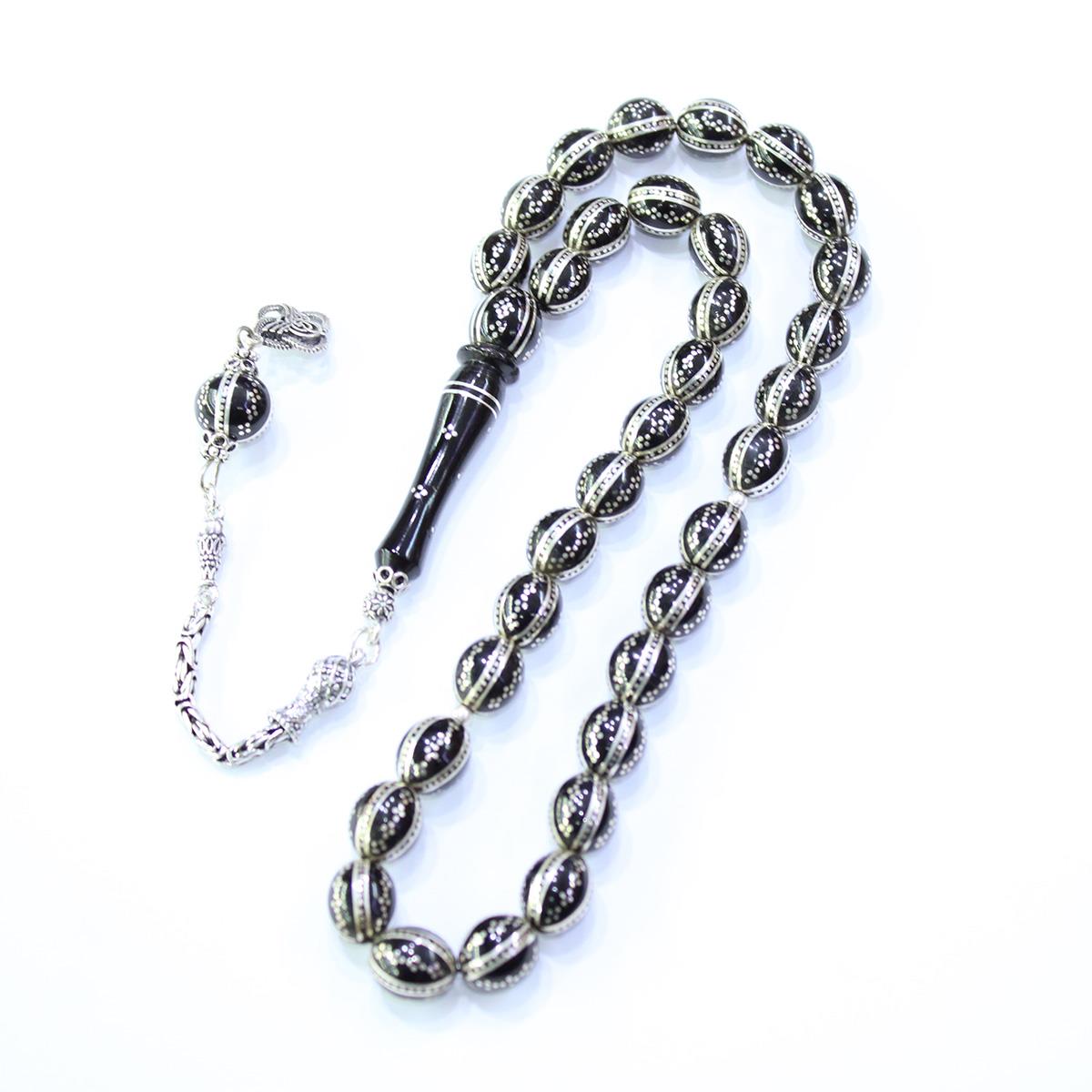 8'li Karpuz & Dörtlü İşlemeli Beyzi Oltu Taşı Tespih 8,5*10 (mm)