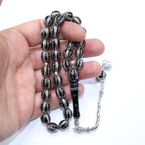 8'li Karpuz & Dörtlü İşlemeli Beyzi Oltu Taşı Tespih 8,5*10 (mm)