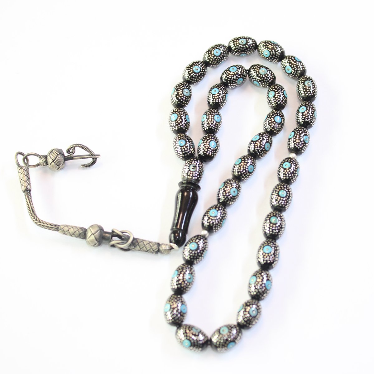 Firuze Yoğun Gümüş İşlemeli Oltu Taşı Tespih 8,5*12 (mm)