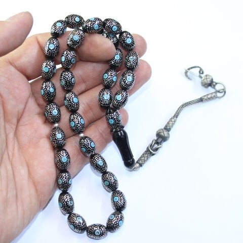 Firuze Yoğun Gümüş İşlemeli Oltu Taşı Tespih 8,5*12 (mm)