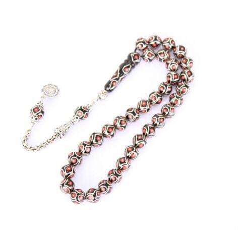 Mercan Gümüş İşlemeli Oltu Taşı Tespih 8,5 (mm)