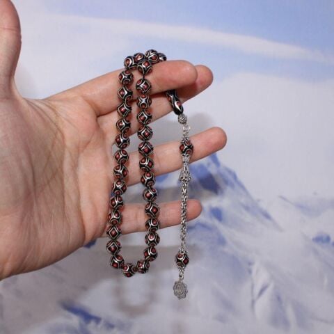 Mercan Gümüş İşlemeli Oltu Taşı Tespih 8,5 (mm)