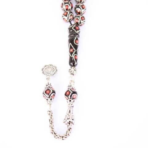 Mercan Gümüş İşlemeli Oltu Taşı Tespih 8,5 (mm)