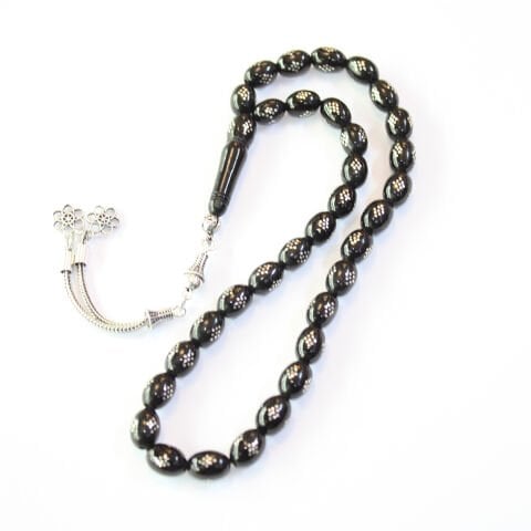 Baklava İşlemeli Oltu Taşı Tespih 6,5*9,5 (mm)