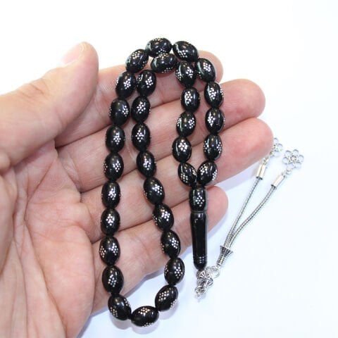 Baklava İşlemeli Oltu Taşı Tespih 6,5*9,5 (mm)