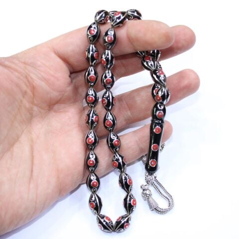 Çeşm-i Bülbül Mercan İşlemeli Oltu Taşı 7,5*12 (mm)