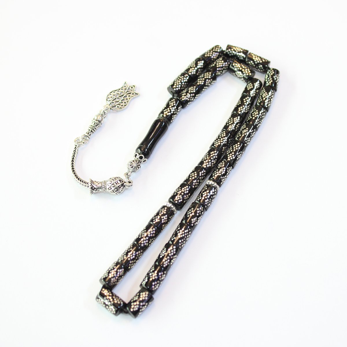 Yoğun Baklava İşlemeli Oltu Taşı Tespih  Kesme Model 6*9 (mm)