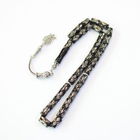 Yoğun Baklava İşlemeli Oltu Taşı Tespih  Kesme Model 6*9 (mm)