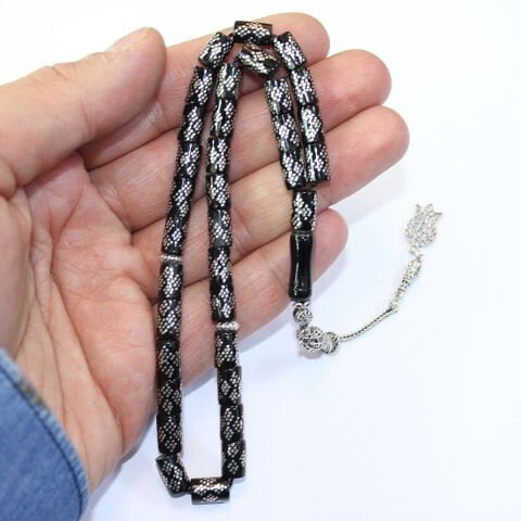 Yoğun Baklava İşlemeli Oltu Taşı Tespih  Kesme Model 6*9 (mm)