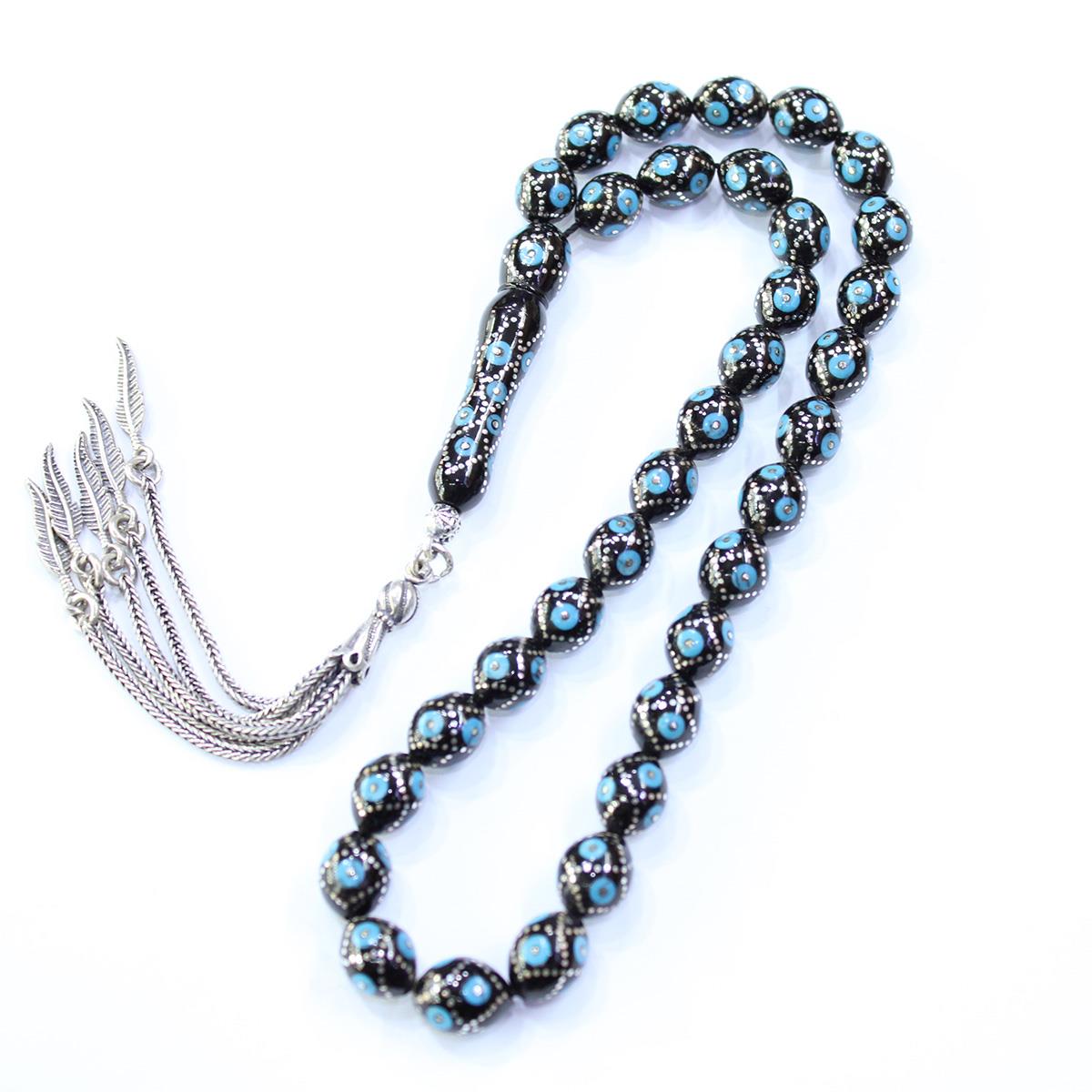 Sarmal Firuze İşlemeli Oltu Taşı Tespih 8,5*10,5 (mm)