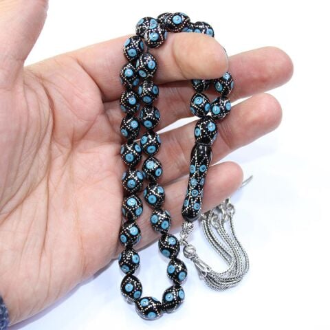 Sarmal Firuze İşlemeli Oltu Taşı Tespih 8,5*10,5 (mm)